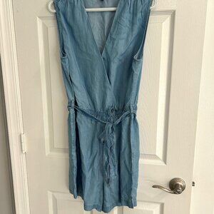 Women's Denim Chambray Shorts Romper - V Neck - Sleeveless - Size L